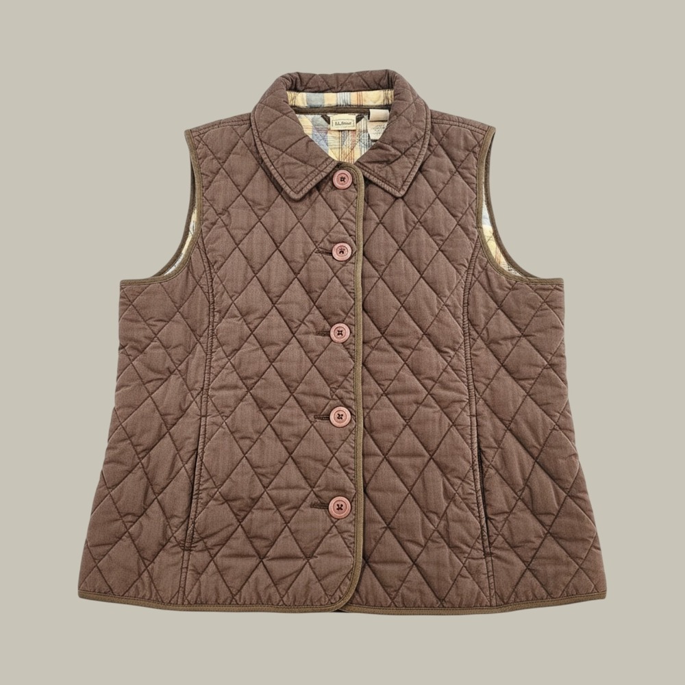 LL BEAN Quilted Vest Women L Brown Plaid Lining Button Up Barn Gorpcore Classic